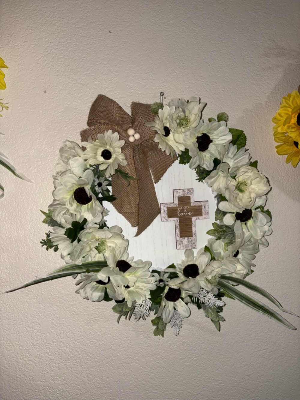 White Floral Cross Wreath with Burlap Bow
